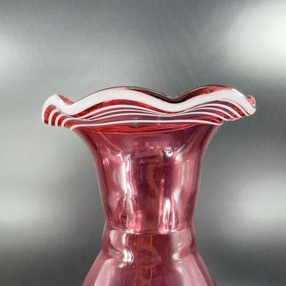 Art Glass Vase Cranberry With White Lines Footed Clear Bottom Glass Ruffled Top - Picture 9 of 12